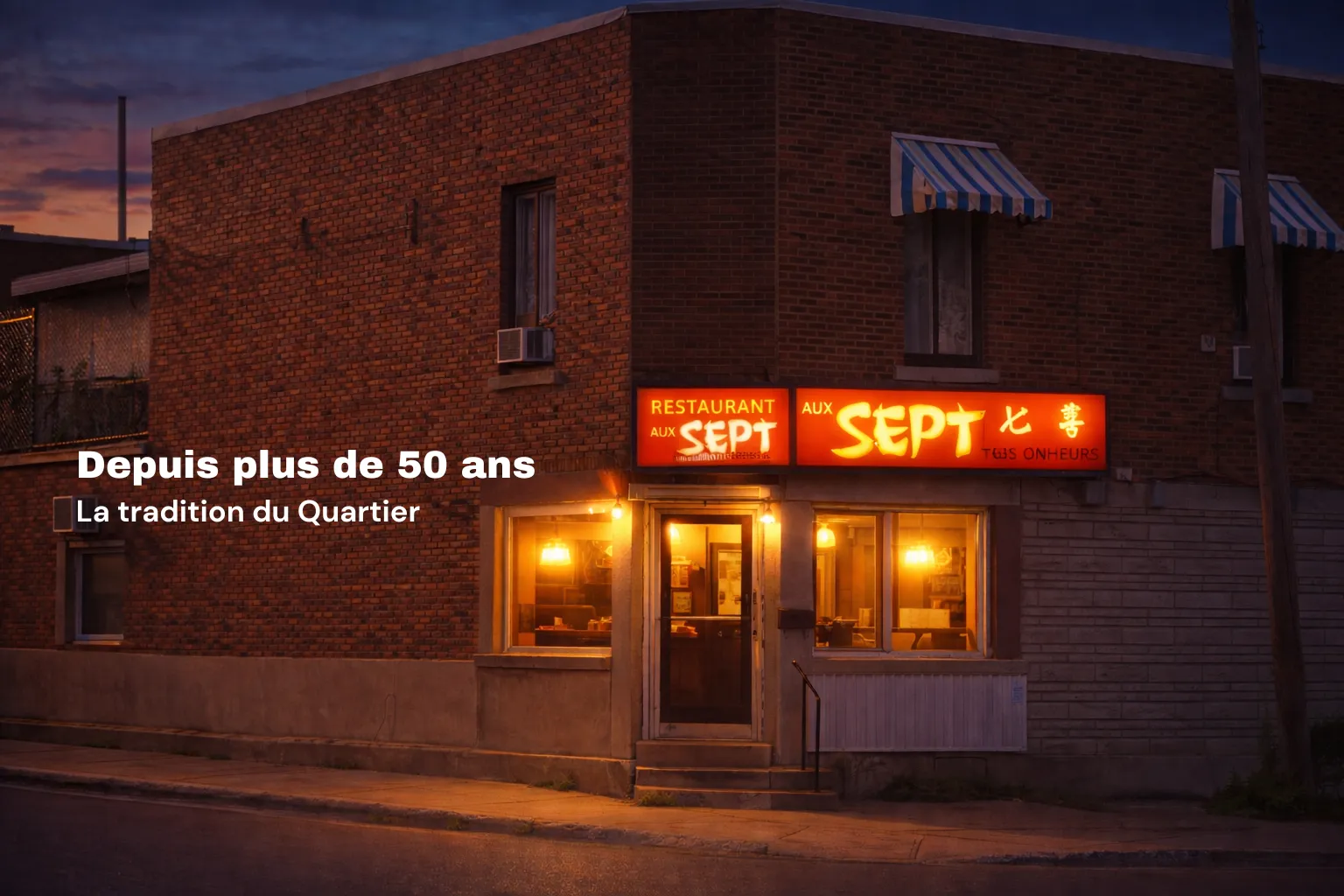 Le restaurant Aux Sept Bonheurs au crépuscule, boulevard Rosemont