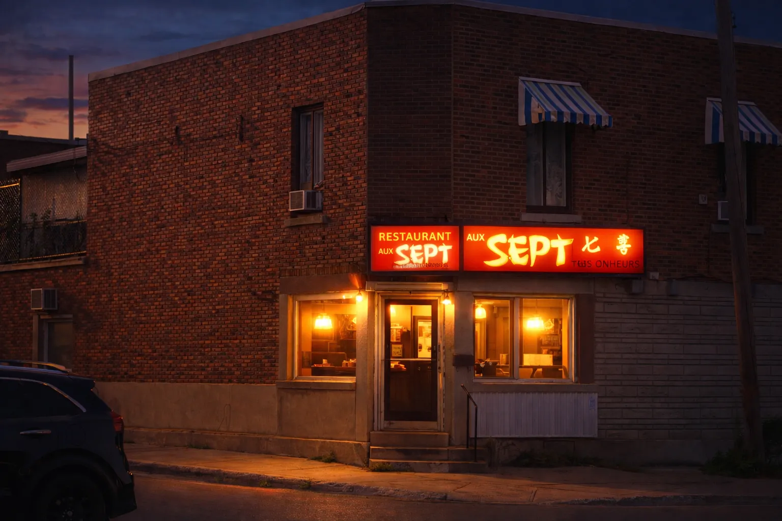 Devanture du restaurant Aux Sept Bonheurs, 4201 boulevard Rosemont à Montréal, au crépuscule